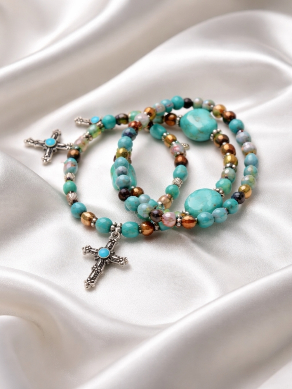 New! Semi Stone Cross Charm Bracelet 3 Piece Set